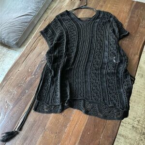 Swimsuit Cover up Black Crochet Knit Short Sleeve Top